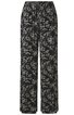 Schwarze Damenhose mit weißem floralem Muster, hoher Bund mit Tunnelzug, gerades Bein, lose Passform