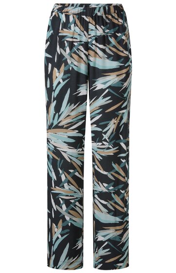 Hose, schwarzgrundig mit abstraktem blaugrau-beigem Muster, gerade geschnitten, elastischer Bund, Seitentaschen