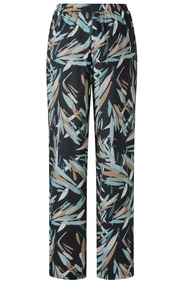 Schwarze Hose mit abstraktem, blattartigem Muster in Hellblau und Beige, gerade geschnitten, elastischer Bund mit Tunnelzug, ohne sichtbare Taschen