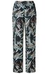 Schwarze Hose mit abstraktem, blattartigem Muster in Hellblau und Beige, gerade geschnitten, elastischer Bund mit Tunnelzug, ohne sichtbare Taschen