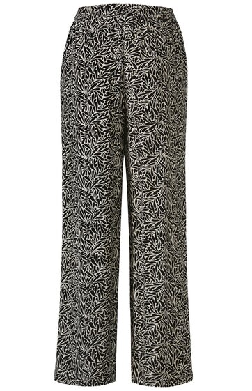 Weite lange Hose in Schwarz mit weißem abstraktem Linienmuster, hoher Bund, gerader Schnitt, ohne sichtbare Verschlüsse oder Taschen