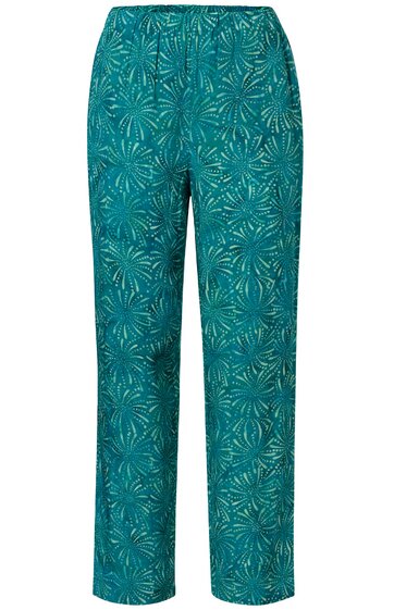 Hose in Petrol mit weißem Blattmuster, elastischer Bund, gerade geschnitten, knöchellang