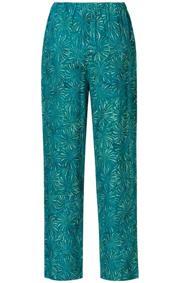 Hose in Petrolgrün mit hellem Blattmuster, gerade geschnitten, elastischer Bund, lange Beine