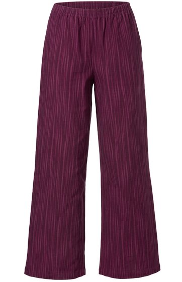 Weite Hose in dunkellila mit senkrechten helleren Streifen, elastischer Bund, gerade geschnitten