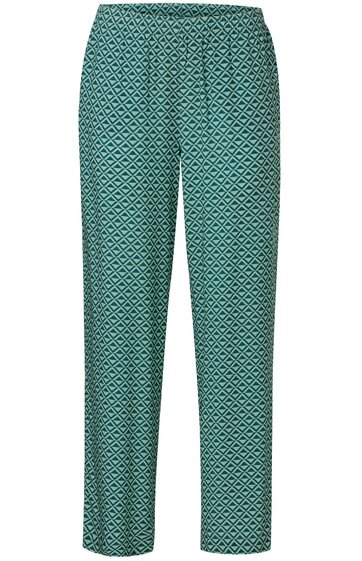 Hose in grasgrün mit weißem Rautenmuster, gerade geschnitten, elastischer Bund, ohne sichtbare Taschen oder weitere Details