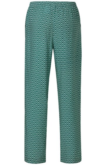 Hose in smaragdgrün mit schwarzem Rautenmuster, gerade geschnitten, gerader Beinverlauf, kein sichtbarer Verschluss