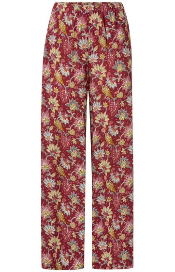 Locker geschnittene lange Hose in Dunkelrot mit floralem Muster in Gelb und Weiß, elastischer Bund ohne sichtbare Verschlüsse