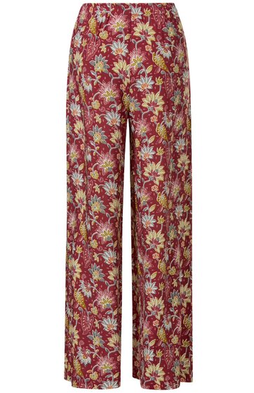 Hose in Weinrot mit gelben und weißen Blumen, lang, gerade geschnitten, hoher Bund, keine sichtbaren Taschen oder Verschlüsse