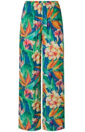 Hose für Damen, smaragdgrün mit großflächigem Blumenmuster in Orange, Gelb, Weiß und Rosa, elastischer Bund, gerade geschnitten, lang, ohne weitere sichtbare Details