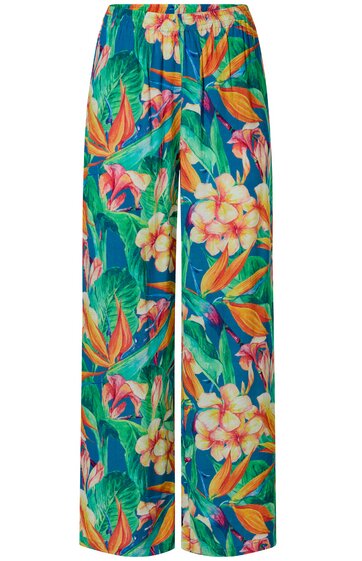 Hose für Damen, smaragdgrün mit großflächigem Blumenmuster in Orange, Gelb, Weiß und Rosa, elastischer Bund, gerade geschnitten, lang, ohne weitere sichtbare Details