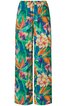 Hose für Damen, smaragdgrün mit großflächigem Blumenmuster in Orange, Gelb, Weiß und Rosa, elastischer Bund, gerade geschnitten, lang, ohne weitere sichtbare Details