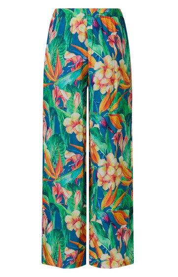 Locker geschnittene lange Hose in grün mit buntem tropischem Blumen- und Blattmuster, elastischem Bund ohne sichtbare Verschlüsse
