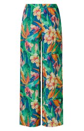Locker geschnittene lange Hose in grün mit buntem tropischem Blumen- und Blattmuster, elastischem Bund ohne sichtbare Verschlüsse