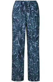 Weite Hose in Graublau mit dunkelblauem Blattmuster, elastischer Bund, gerade geschnitten