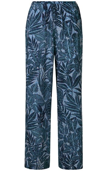 Weite Hose in Graublau mit dunkelblauem Blattmuster, elastischer Bund, gerade geschnitten