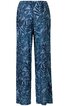 Hose in Blautönen mit dunkelblauem Blättermuster, gerader Schnitt, elastischer Bund ohne sichtbare Verschlüsse oder Taschen