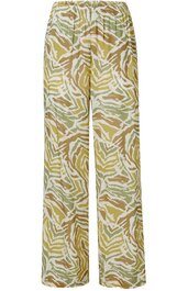 Hose in beige und hellgrün mit weißem, abstraktem Muster, breite Beine, elastischer Bund, seitliche Eingrifftaschen
