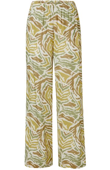 Hose in beige und hellgrün mit weißem, abstraktem Muster, breite Beine, elastischer Bund, seitliche Eingrifftaschen