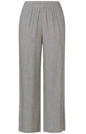 Grau melierte Damenhose mit weitem Bein, elastischem Bund, ohne sichtbare Taschen oder Verschlüsse