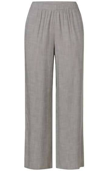 Grau melierte Damenhose mit weitem Bein, elastischem Bund, ohne sichtbare Taschen oder Verschlüsse