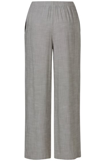 Graue Damenhose ohne Muster, gerade geschnitten, elastischer Bund, seitliche Eingrifftaschen, knöchellang