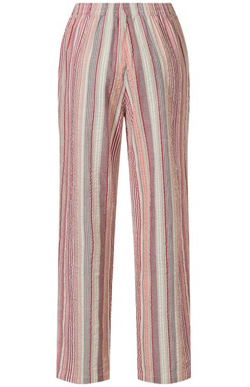 Lange Hose in hellrosa, weiß, beige und grau gestreift, gerade geschnitten, hoher Bund, ohne sichtbare Taschen oder Verschlüsse
