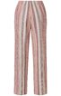 Lange Hose in hellrosa, weiß, beige und grau gestreift, gerade geschnitten, hoher Bund, ohne sichtbare Taschen oder Verschlüsse