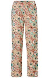 Hose in Beige mit buntem, geometrischem Fliesenmuster, gerader Schnitt, elastischer Bund, lang, ohne sichtbare Verschlüsse