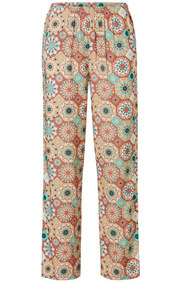 Hose in Beige mit buntem, geometrischem Fliesenmuster, gerader Schnitt, elastischer Bund, lang, ohne sichtbare Verschlüsse