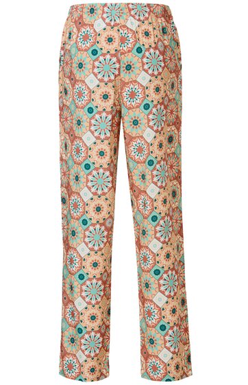 Hose mit ganzflächigem geometrischem Muster in Beige, Grün und Weiß, gerade geschnitten, Bund mit Gürtelschlaufen, keine sichtbaren Taschen