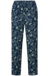 Dunkelblaue Hose mit hellgrünem Blumenmuster, gerader Schnitt, elastischer Bund ohne sichtbare Verschlüsse