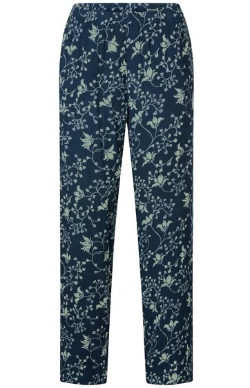 Dunkelblaue Hose mit hellgrünem Blumenmuster, gerader Schnitt, elastischer Bund ohne sichtbare Verschlüsse