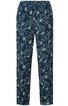 Dunkelblaue Hose mit hellgrünem Blumenmuster, gerader Schnitt, elastischer Bund ohne sichtbare Verschlüsse