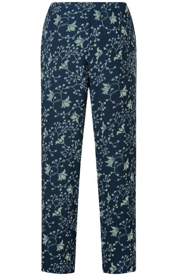 Damenhose in Dunkelblau mit hellem Blumenmuster, gerade geschnitten, mit elastischem Bund, lang, ohne erkennbare Verschlüsse