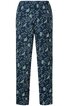 Damenhose in Dunkelblau mit hellem Blumenmuster, gerade geschnitten, mit elastischem Bund, lang, ohne erkennbare Verschlüsse