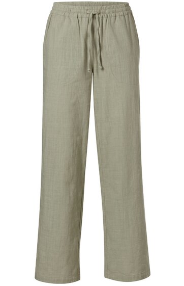 Helle khakifarbene Hose mit weitem Bein, elastischem Bund mit Tunnelzug, keine sichtbaren Taschen oder Muster