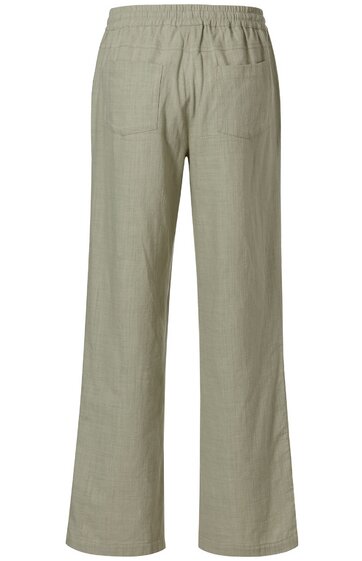 Beigefarbene lange Hose mit geradem Bein, elastischem Bund, zwei aufgesetzten Gesäßtaschen, glatter Stoff, ohne Muster