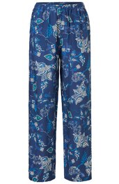 Locker geschnittene lange Hose in dunklem Blau mit weiß-blauem Paisley-Muster, elastischer Bund mit Tunnelzug, gerade geschnitten, ohne Taschen sichtbar