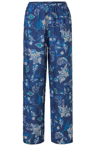 Locker geschnittene lange Hose in dunklem Blau mit weiß-blauem Paisley-Muster, elastischer Bund mit Tunnelzug, gerade geschnitten, ohne Taschen sichtbar