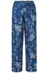 Locker geschnittene lange Hose in dunklem Blau mit weiß-blauem Paisley-Muster, elastischer Bund mit Tunnelzug, gerade geschnitten, ohne Taschen sichtbar