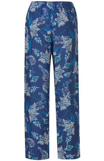 Blaue lange Hose mit floralem Muster in Weiß und Türkis, geradem Schnitt, elastischem Bund ohne sichtbare Verschlüsse