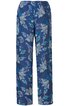 Blaue lange Hose mit floralem Muster in Weiß und Türkis, geradem Schnitt, elastischem Bund ohne sichtbare Verschlüsse