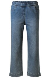 Gerade geschnittene blaue Jeanshose, elastischer Bund, zwei vordere Taschen, klassische Nahtführung, ohne sichtbare Verzierungen