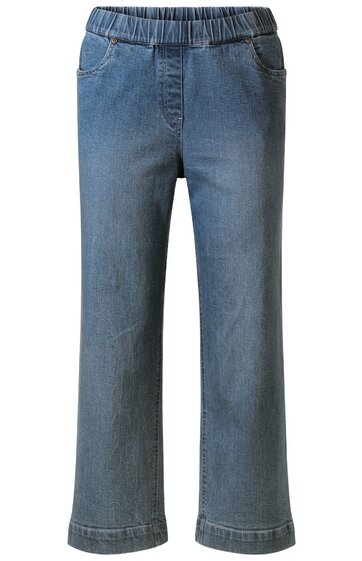 Gerade geschnittene blaue Jeanshose, elastischer Bund, zwei vordere Taschen, klassische Nahtführung, ohne sichtbare Verzierungen