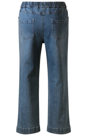Blaue Jeanshose mit gerade geschnittenen Beinen, Elastikbund, zwei aufgesetzte Gesäßtaschen, sichtbar abgesteppt, ohne Verschluss sichtbar