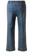 Blaue Jeanshose mit gerade geschnittenen Beinen, Elastikbund, zwei aufgesetzte Gesäßtaschen, sichtbar abgesteppt, ohne Verschluss sichtbar