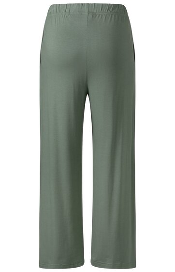Locker geschnittene lange Hose in olivgrün, breite Beine, elastischer Bund ohne sichtbare Verschlüsse oder Taschen