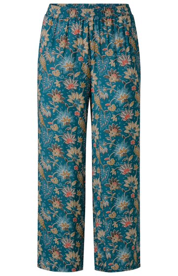 Hose in dunklem petrolgrün mit mehrfarbigem Blumenmuster, gerader Schnitt, hoher elastischer Bund mit Raffung