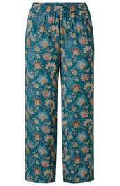 Hose in dunklem petrolgrün mit mehrfarbigem Blumenmuster, gerader Schnitt, hoher elastischer Bund mit Raffung