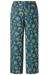 Hose petrolblau mit floralen Mustern in Orange und Beige, gerade geschnitten, elastischer Bund ohne sichtbare Verschlüsse